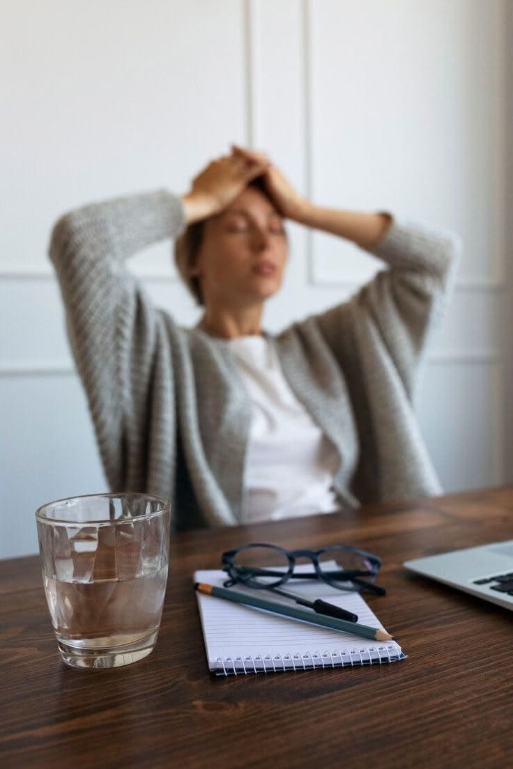 Mujer con las manos en la cabeza sentada en un escritorio, representando el estrés diario